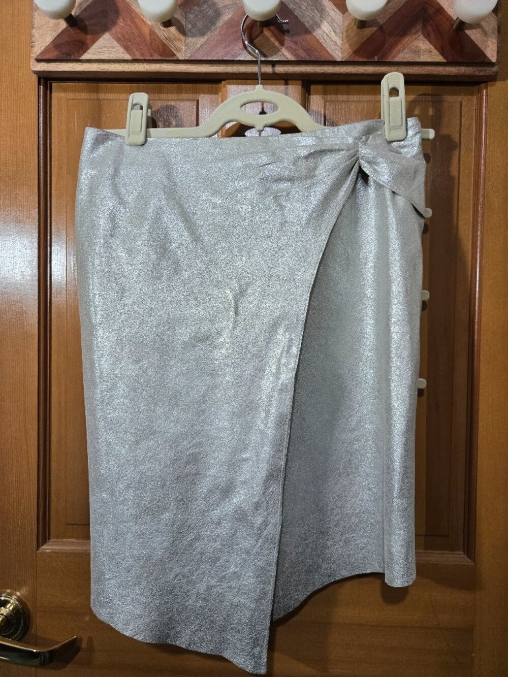 Bebe Silver Metallic 100% Leather Wrap-Style Midi Skirt